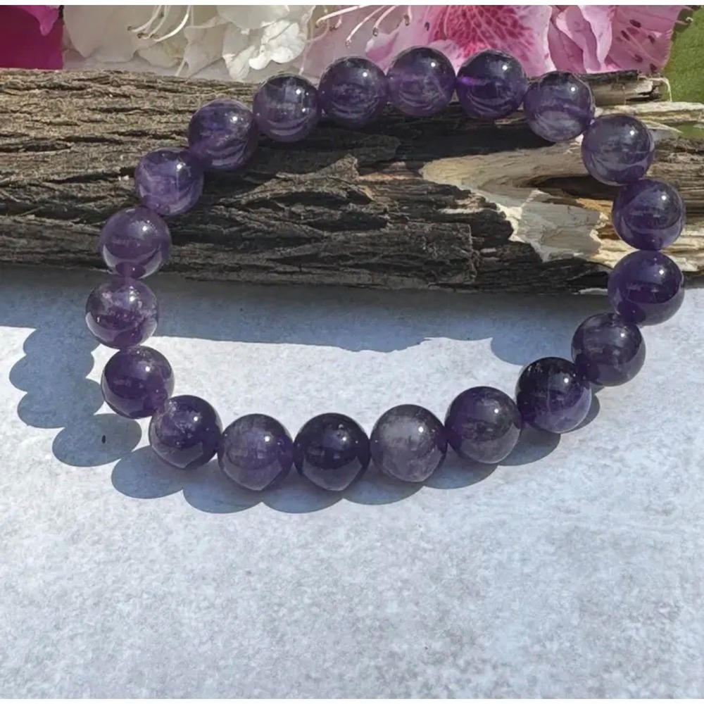 Natural Purple‎ Amethyst Beaded Stretch Bracelet Round Gemstone Polished Jewelry